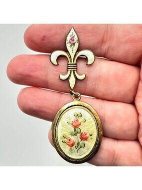 Antique Locket Pin Brooch Sterling Silver Yellow Guilloche Fleur De Lis Picture